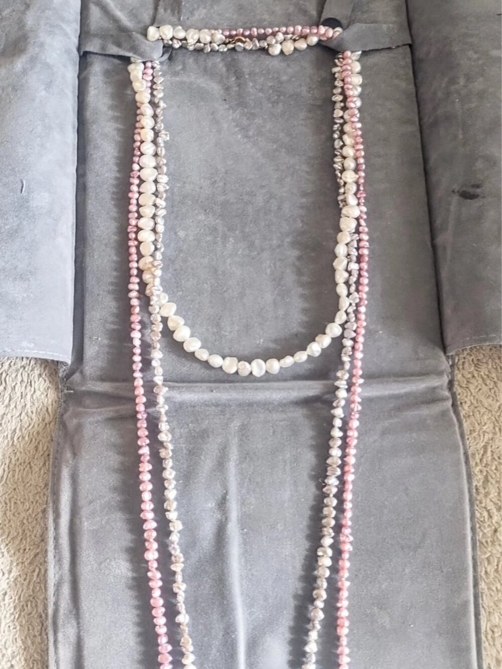 Vintage Layered Freshwater Baroque Pearl 14K Pink White & Gray Necklace